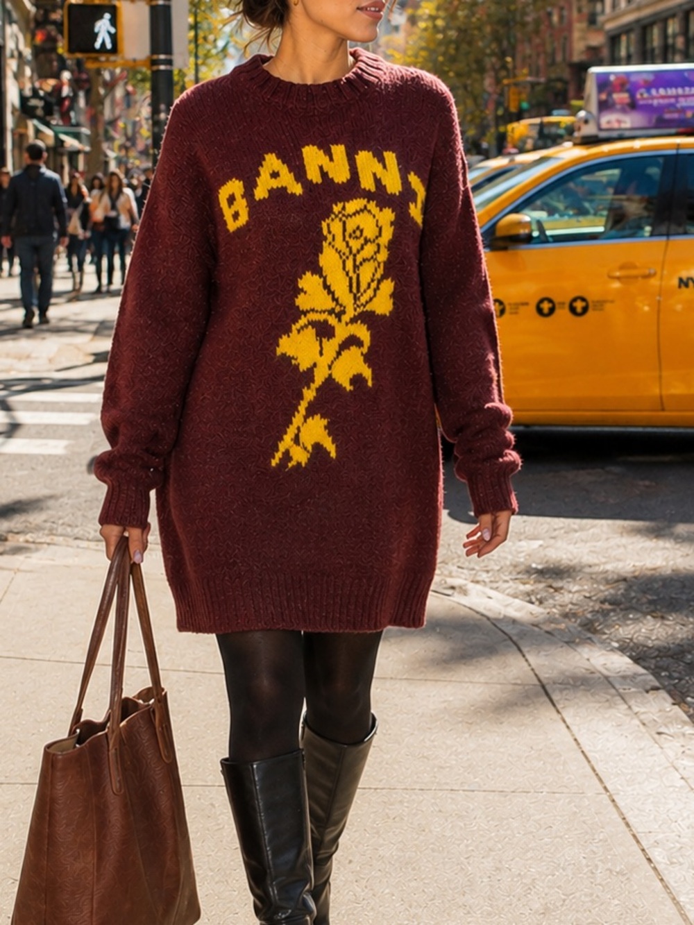 Ganni  100% Organic Wool Burgundy Yellow Rose Graphic New Sweater Dress Scandi